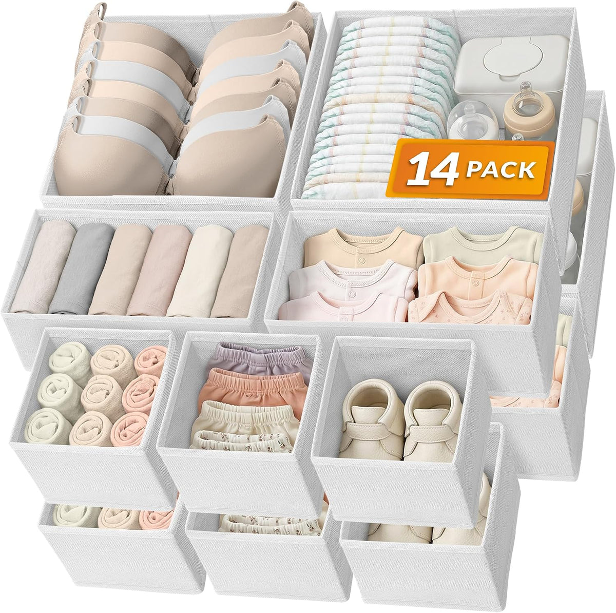 Reli. Dresser Drawer Organizers 14 Pack | Baby Clothes, Nursery Organizer