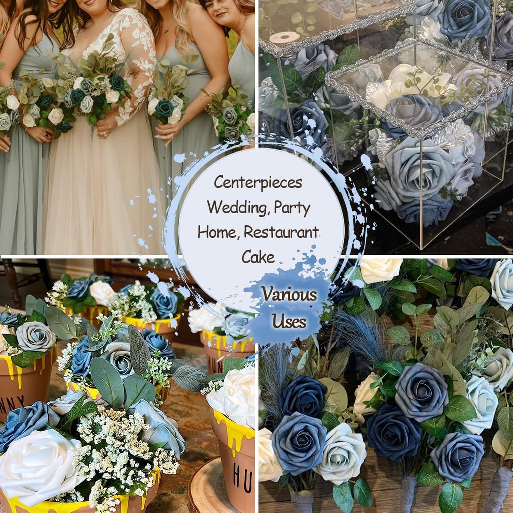 25pcs Dusty Blue Shades Foam Fake Rose with Stems 8 Leaves Real Looking Artificial Flowers Faux Navy Blue Roses for Wedding Bouquets Bridal Shower Centerpieces Arrangements Party Tables Decorations