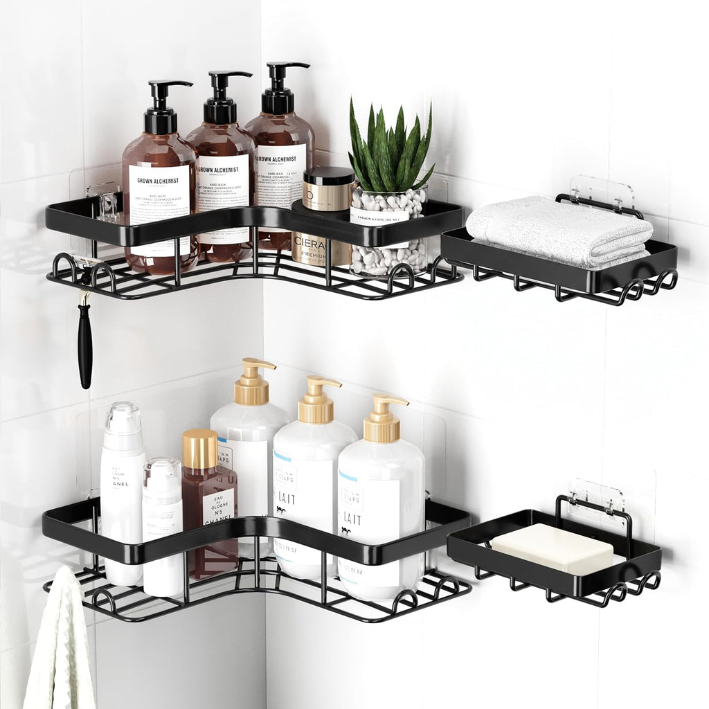 Sakugi Corner Shower Caddy, Large, 4-Pack, Soap & Toothbrush Holder, Black