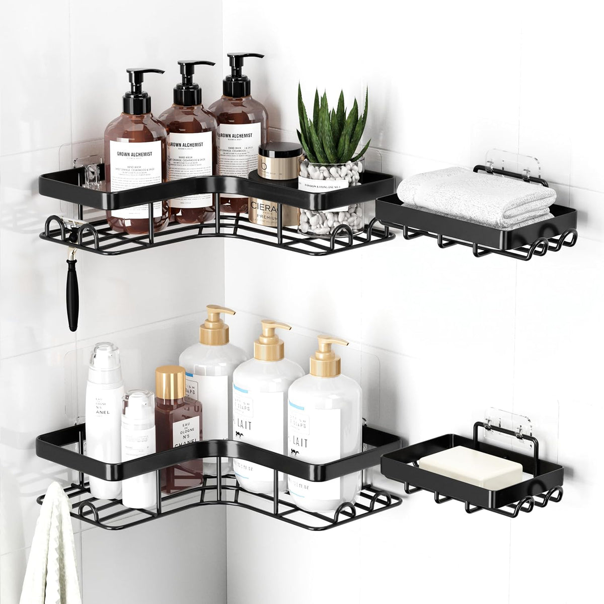 Sakugi Corner Shower Caddy, Large, 4-Pack, Soap & Toothbrush Holder, Black