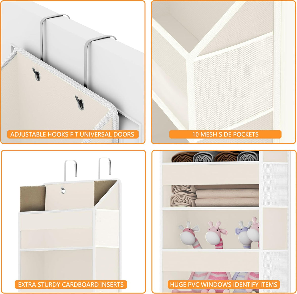 Over Door Organizer with 5 Large Pockets & 10 Mesh Side Compartments - Behind The Door Storage for Bathroom, Bedroom, Closet, Pantry, RV & Nursery - Baby Room Organizer Solution - Beige