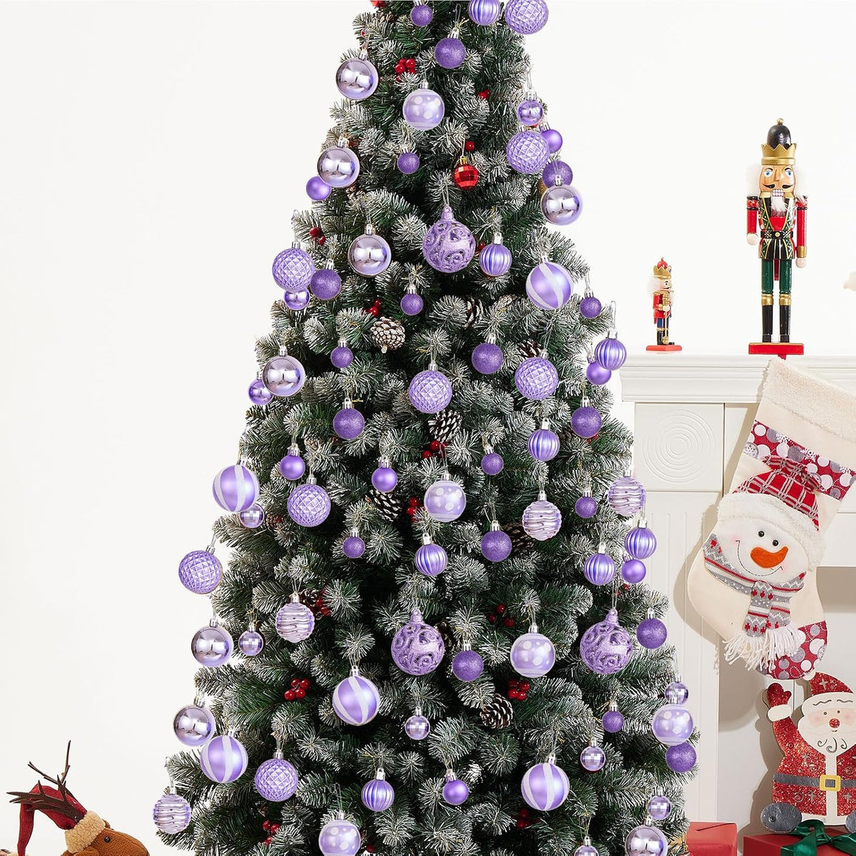 100PCS Christmas Ball Ornaments, Assorted Shatterproof Christmas Tree Decorations, Seasonal Decorative Hanging Baubles Decor Set for Xmas/Holiday/Party, Glitter&Painting Ornament Set (Lavender Purple)