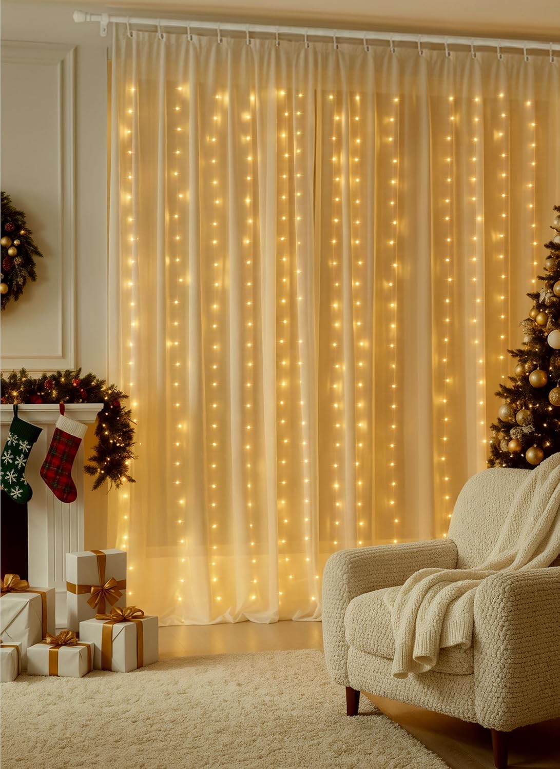 Brightown 600 LED Curtain Lights, 20 FT Plug in Fairy Lights for Bedroom, 8 Lighting Modes, Christmas String Lights for Window Wall Wedding Party Birthday Christmas Decorations, Warm White