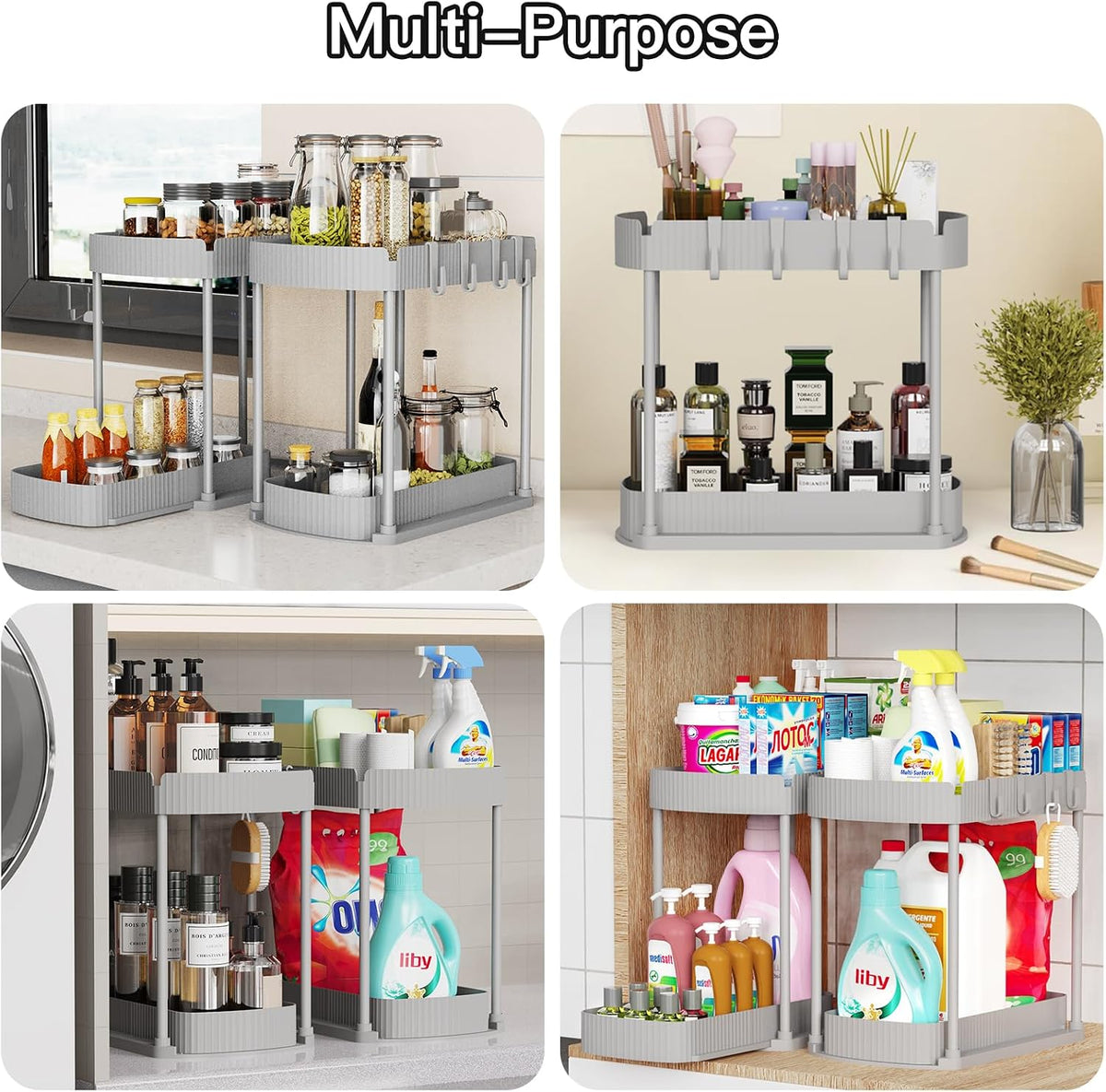 2 Packs Under Sink Pull-Out Storage Organizers, 12.8 Inches, Grey