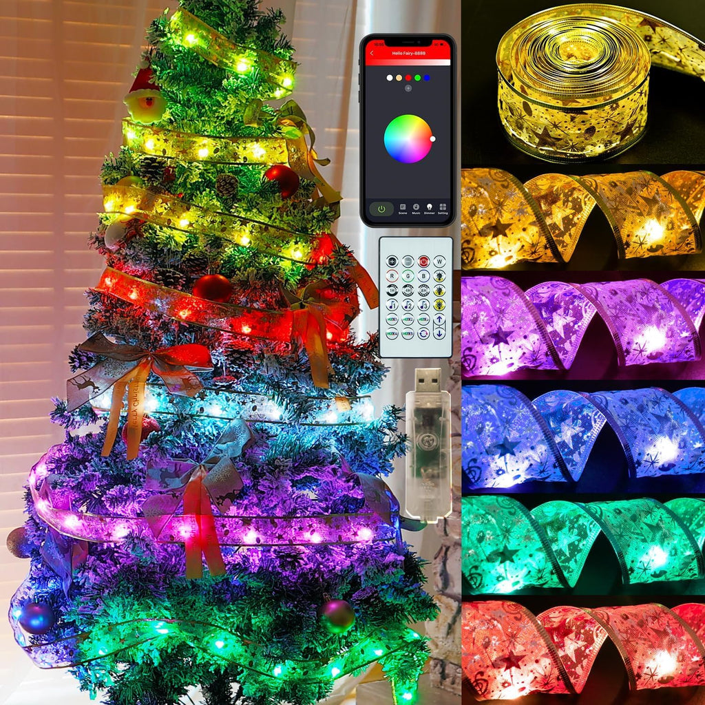 Smart Christmas Tree Ribbon String Lights, 33ft 80 Modes Colors Changing Ribbon Light for Christmas Tree, APP & Remote Control, Sync Musical, Timer, USB (Light Gold)