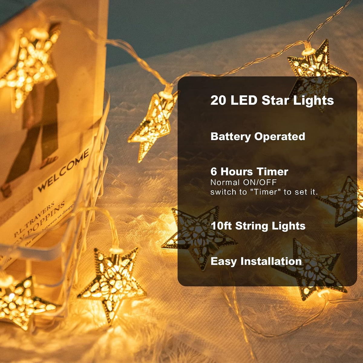 Vigdur Star String Lights, 10FT Battery Operated Christmas Fairy Lights