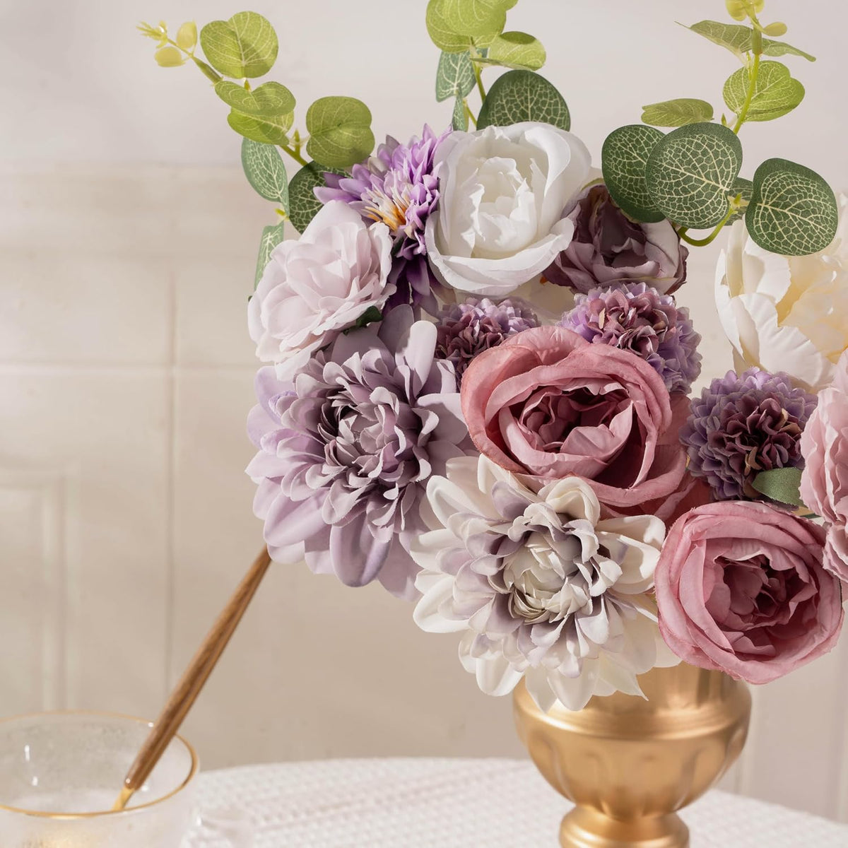 30 Pcs Artificial Flowers Combo Purple Flowers Mix Silk Flowers Dahlia Roses with Stems for DIY Wedding Bridal Bouquets, Baby Shower, Floral Arrangement, Table Centerpieces, Home Decorations