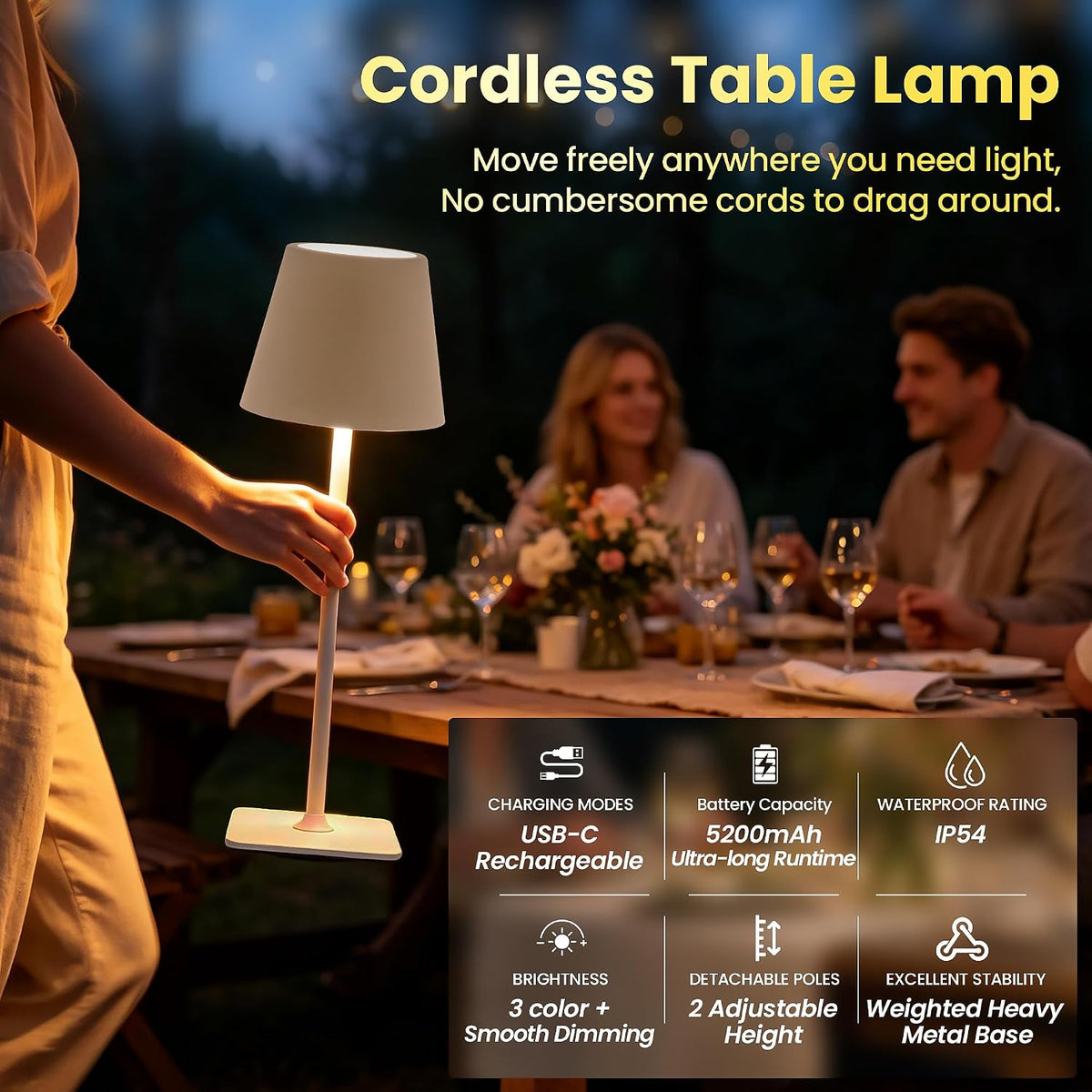 Waterproof Outdoor Rechargeable Cordless Set of 2 Table Lamp with Wicker Shade, Battery Operated Portable Table Light with Adjustable Height Pole, for Patio Restaurant Kitchen (White 2 Pack)