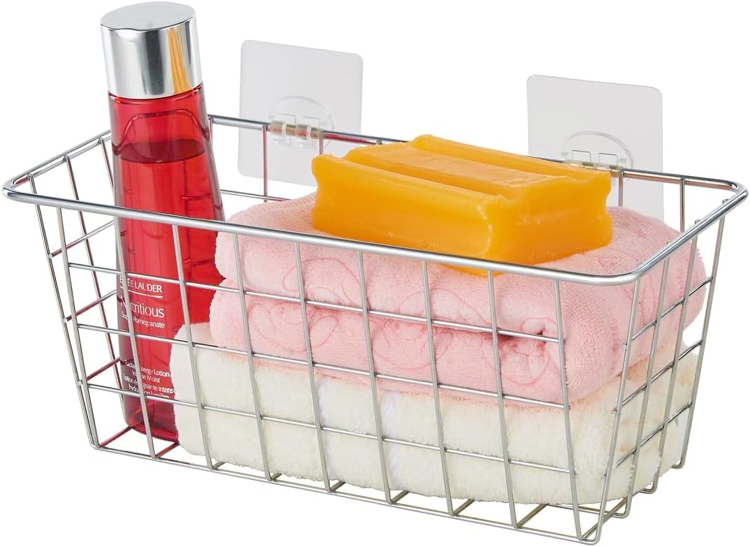 JUNCHU CHERRY 5 Pack Hanging Storage Basket, Bathroom Basket, Household Goods, with Traceless Tape, no Drilling, for Cabinet Storage, Kitchen, Bathroom, Storage Room,Chrome