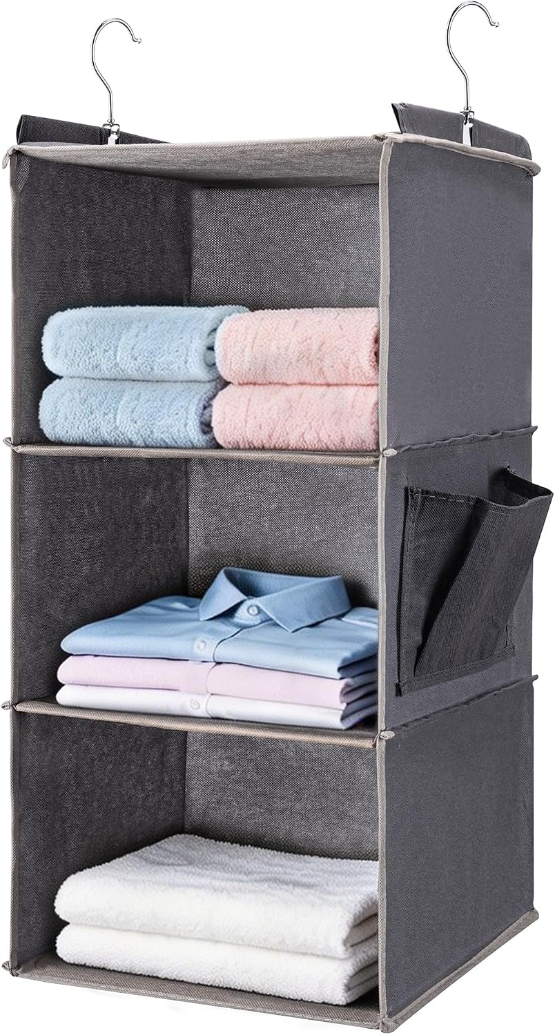 Hanging Closet Organizer and Shelves,3 Shelves with 1 Side Pockets (Grey)