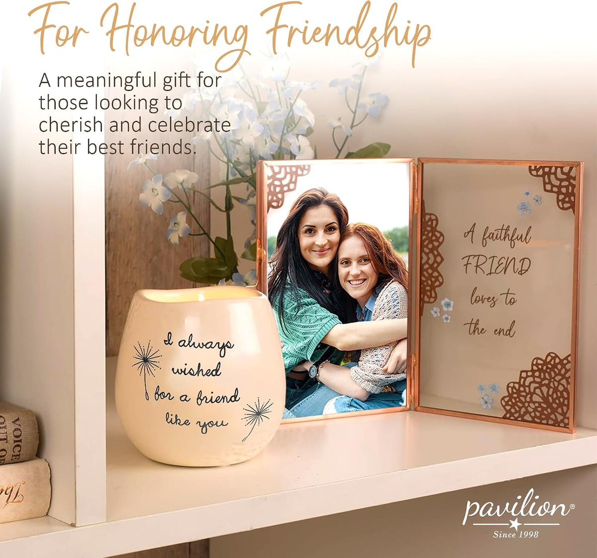 Pavilion - 8 Oz Candle Holder - White Ceramic Candle Jar with 100% Soy Wax Candle Cotton Scent "I Always Wished For A Friend Like You" Ideal Gift for a Friend - Printed Text, Love Theme & Oval Shape