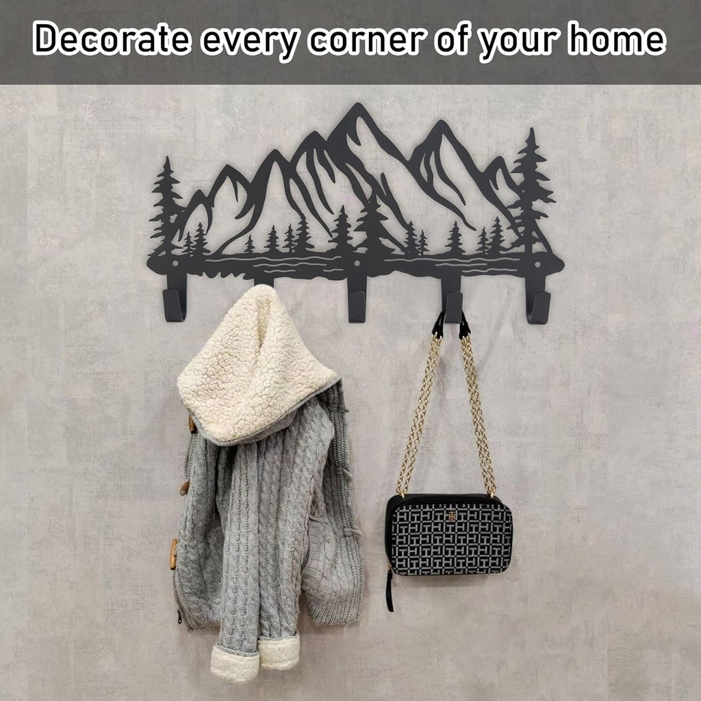 Metal Mountain Coat Hooks Wall Art Decor-Mountain Hangers and Key Holder-Clothes Hat Rack and Backpack Hanger Decor for Storage, Living Room, Hallway, Office (Black)