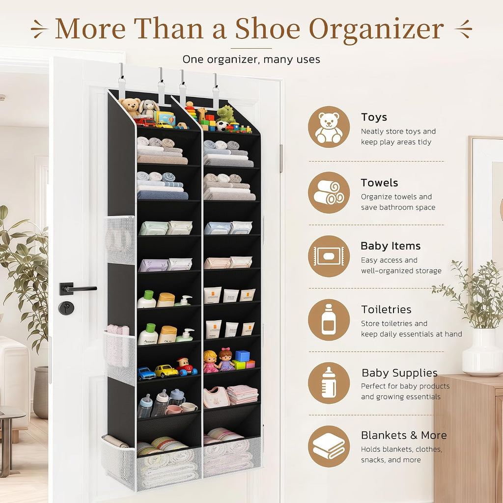 Criusia Over the Door Shoe Organizer, 20-30 Pairs Heavy-Duty Hanging Shoe Storage with Large Pockets, 10-Tier Door Shoe Rack with 4 Hooks for Sneakers Sandals Heels Boots (2 Pack, Black)