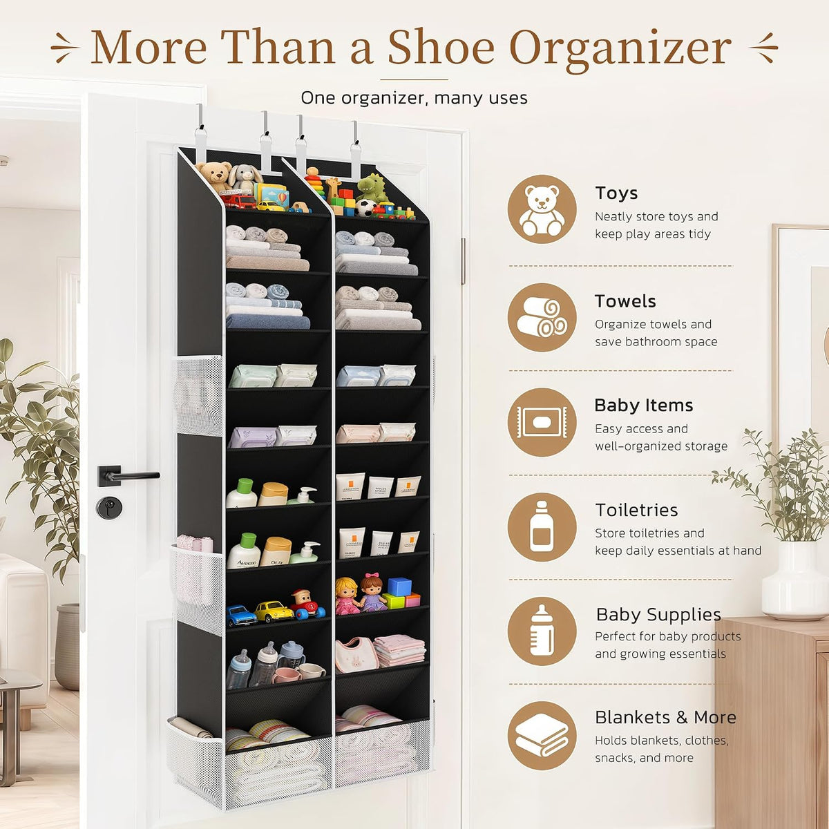 Criusia Over the Door Shoe Organizer, 20-30 Pairs Heavy-Duty Hanging Shoe Storage with Large Pockets, 10-Tier Door Shoe Rack with 4 Hooks for Sneakers Sandals Heels Boots (2 Pack, Black)