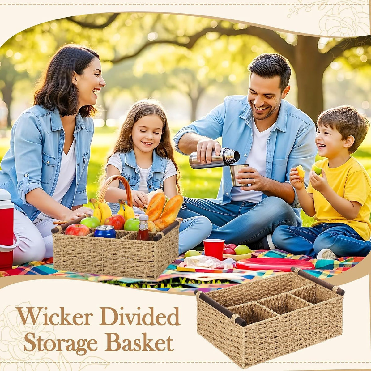 Remerry Beige Bathroom Countertop Organizer Caddy, Wicker-Like Divided Basket with Handle and Metal Frame, 4 Compartment, Paper Rope Storage Organizer for Vanity Kitchen (15.35 x 10.24 x 6.3 in)