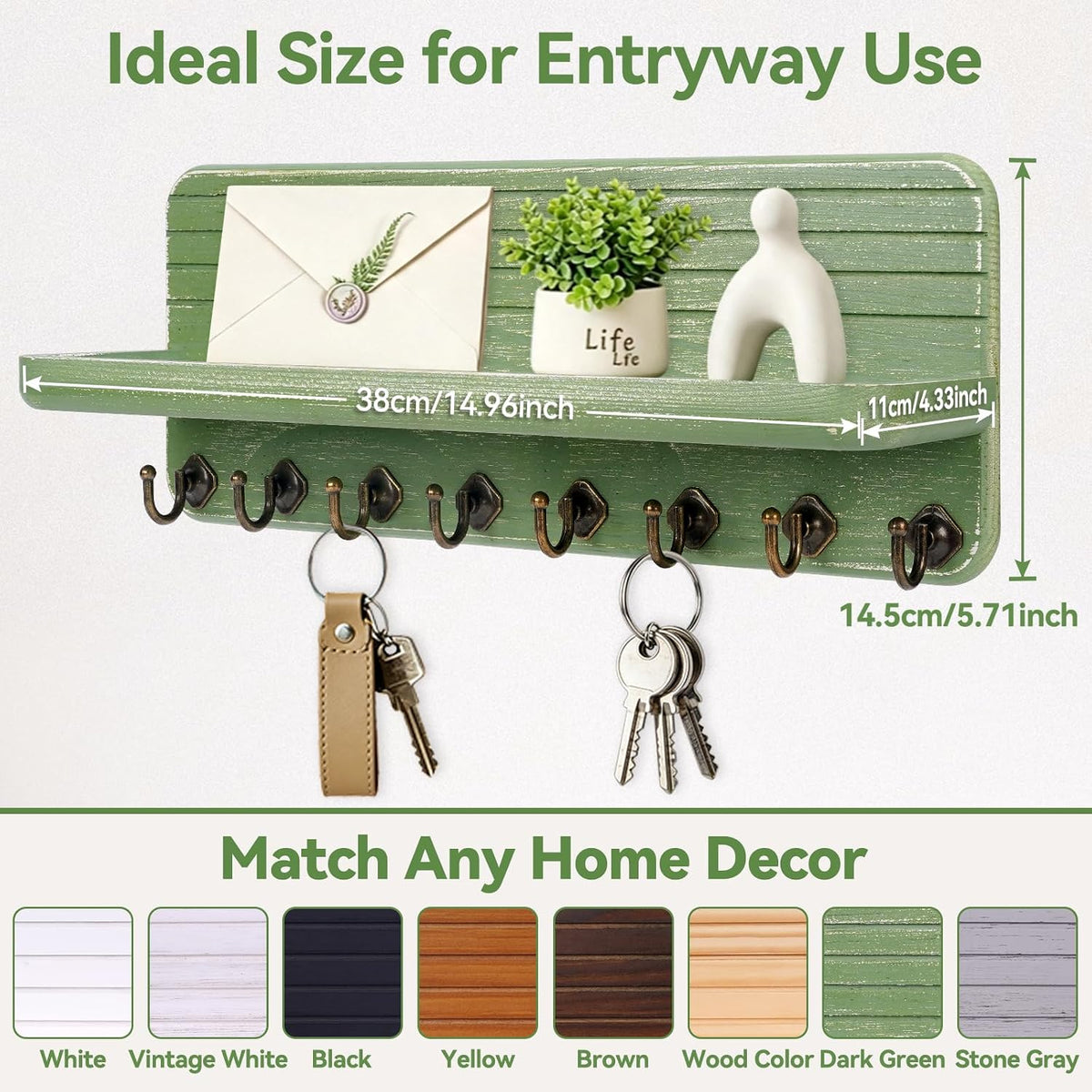 Key Holder for Wall, Mail Organizer Wall Mount with 8 Hooks Wooden Hanging Key Rack for Home Decor, Hallway, Entryway (Dark Green)