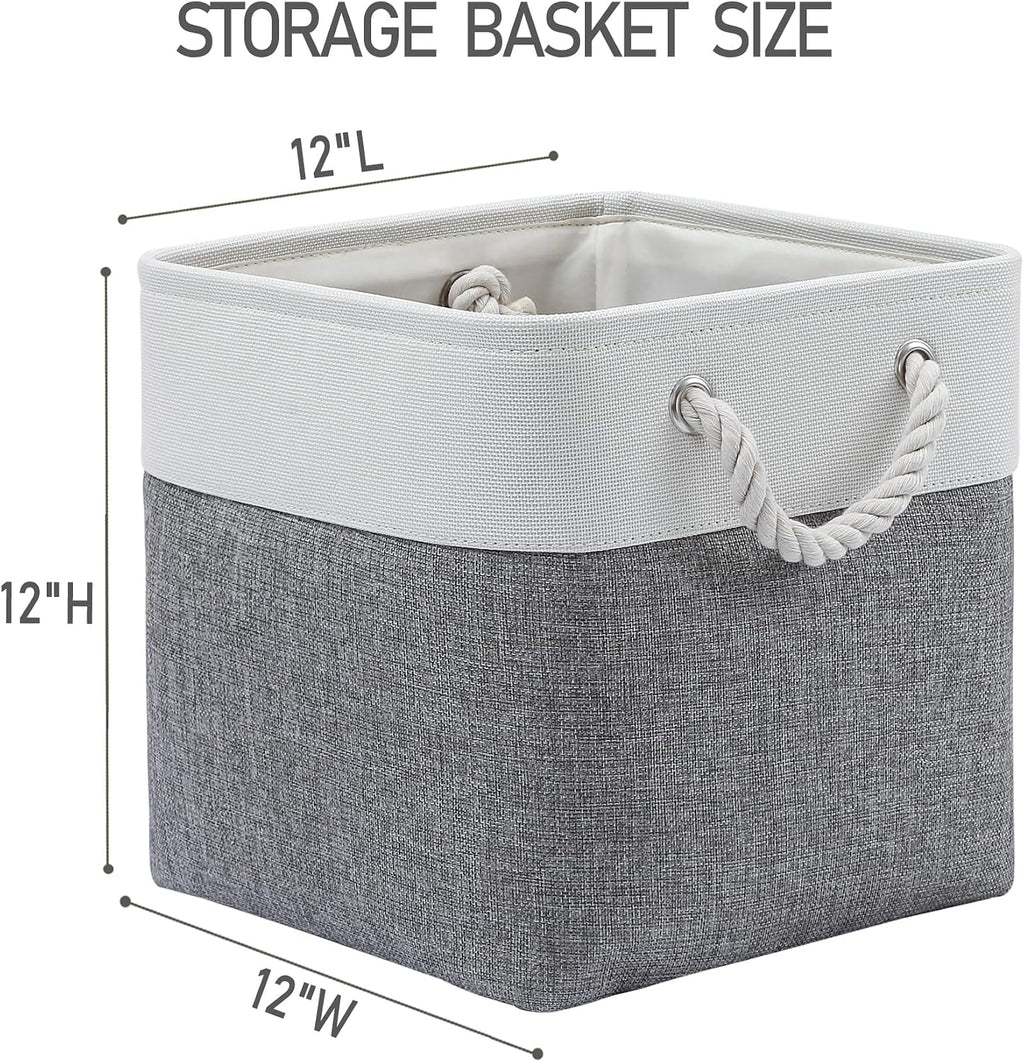 MidmmVick 12 x 12 Inch Cube Storage Bins, 6 Pack Large Collapsible Fabric Storage Bin with Ropes, Foldable Storage Cubes for Home, Office,Closet, Clothes, Toys Organizer (White & Grey)