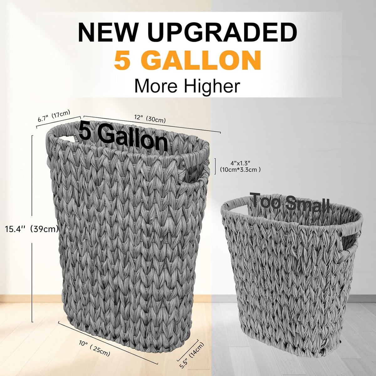 Coeusy Wicker Trash Can, Small Bahtroom Waste Basket, 5 Gallon, Grey