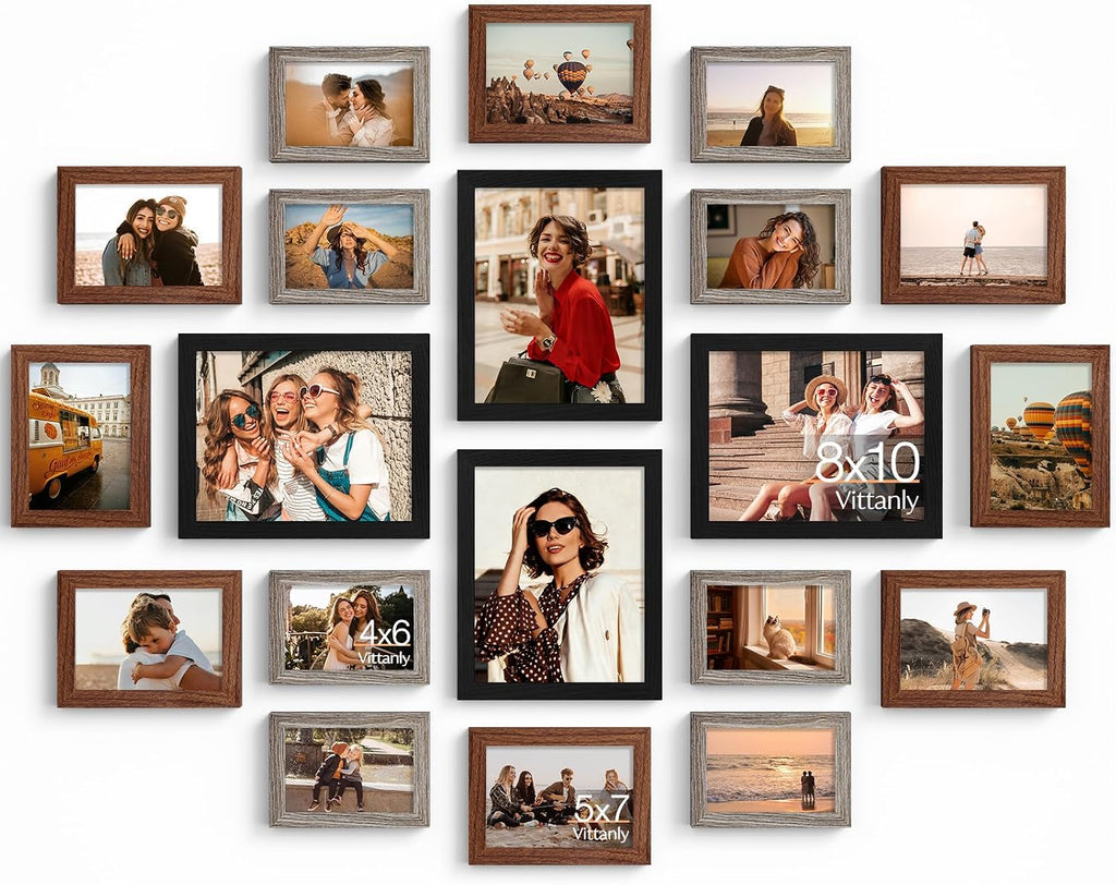 Vittanly 20 Pack Gallery Wall Frame Set, Black, Walnut Brown, Dark Grey