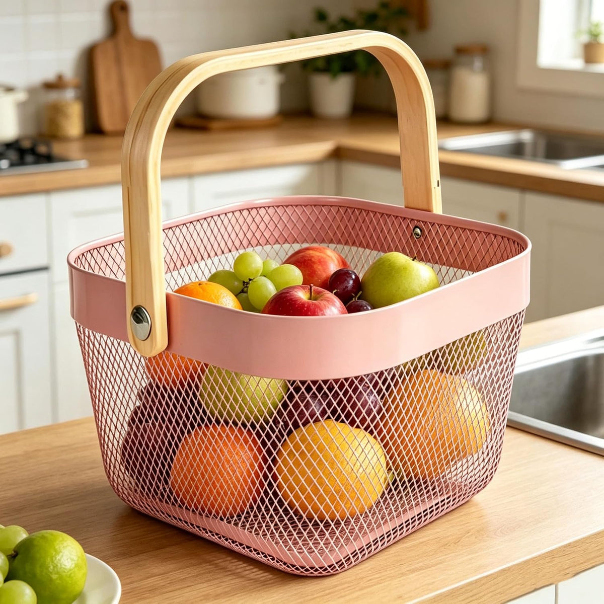 AJIODA Metal Mesh Wire Basket, Small Steel Basket with Wooden Handle Storage Organizer Basket Multi-functional Hanging Kitchen Baskets Fruit Baskets for Kitchen Bathroom Cabinet Pantry, Rose Pink