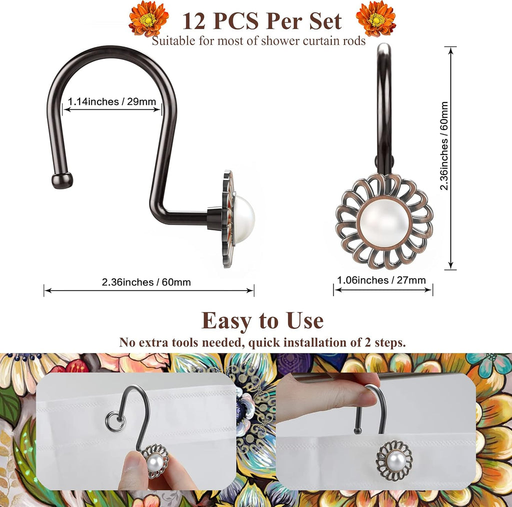 Oil Rubbed Bronze Sunflower Shower Curtain Hooks, 12Pcs Rustproof