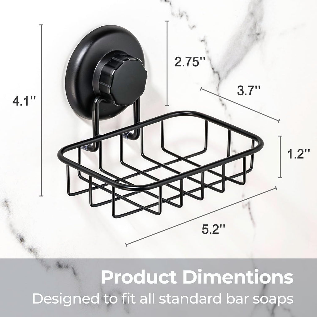 HASKO 2 Pack Suction Cup Soap Dish for Shower Wall, Rustproof Stainless Steel, Shower Soap Holder with Hooks, Includes Optional No Drill Adhesive Mount for Bathroom, 2 Soap Savers, Black