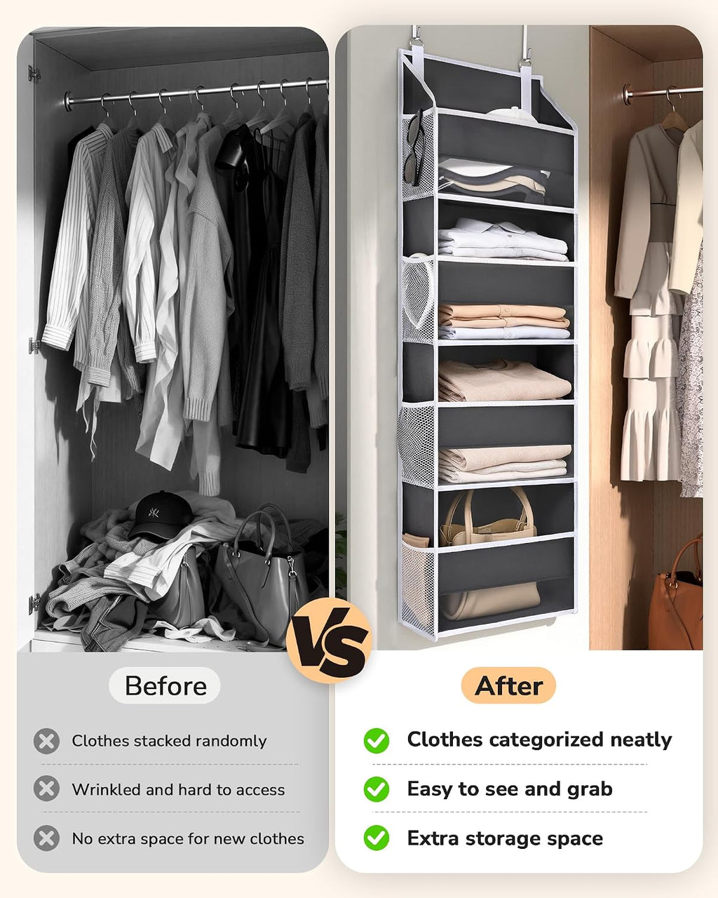 ULG 2 Pack Small Over Door Organizer with 4 Large Pockets 8 Mesh Side Pockets, Hanging Storage Organizer with Clear Window Kids Toys Deep Gray