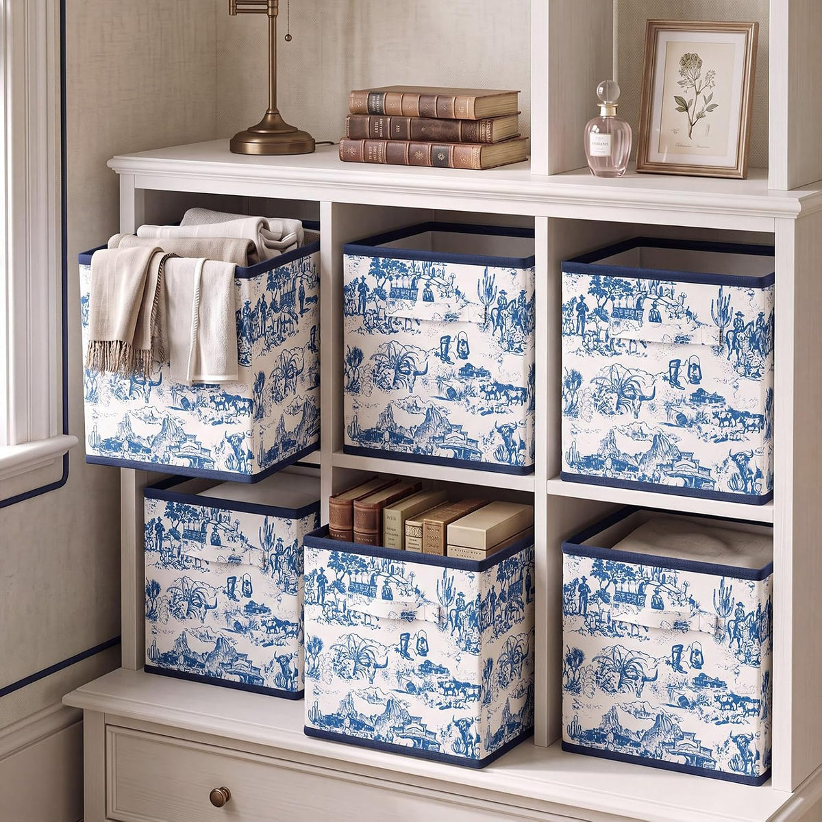 SiliFine 6 Pcs Blue Toile French Country Cube Storage Bins, 11 Inch