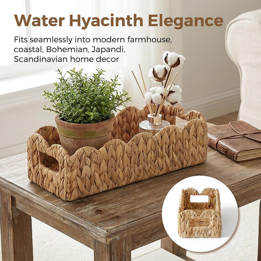 2 Pack Scalloped Water Hyacinth Toilet Tank Basket for Bathroom Decor
