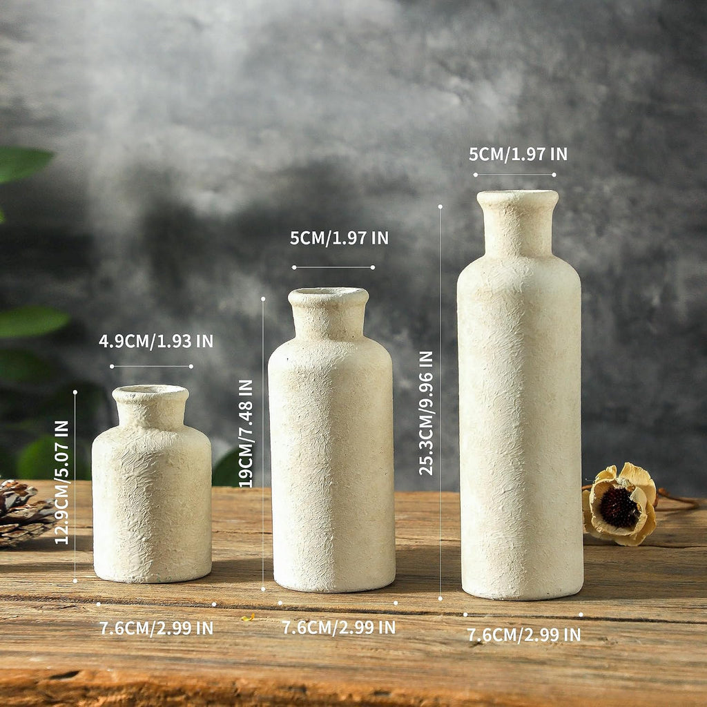 Ceramic Vases Set of 3, Whitewashed Neutral Flower Vases Home Decor, Pottery Rustic Farmhouse Decorative Vases Modern Decor for Table Mantel Entryway Bookshelf Living Room Kitchen Bedroom