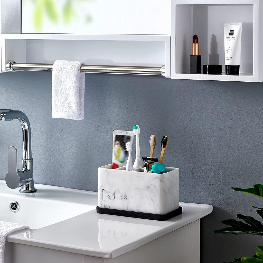 ZCCZ Marble Look Toothbrush Holder for Bathroom Countertop Organizer, Holds Toothpaste, Dental Floss, Razor, Comb, Makeup Brushes, and More, Stylish Bathroom Accessory for Tooth Brushing Essentials