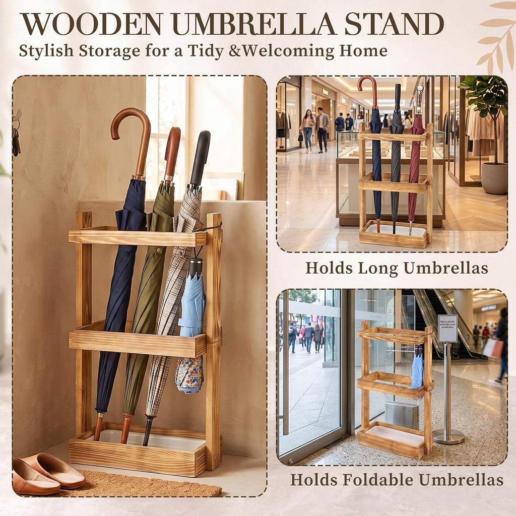 Patelai Wooden Umbrella Stand Rack with Removable Drip Tray for Entryway