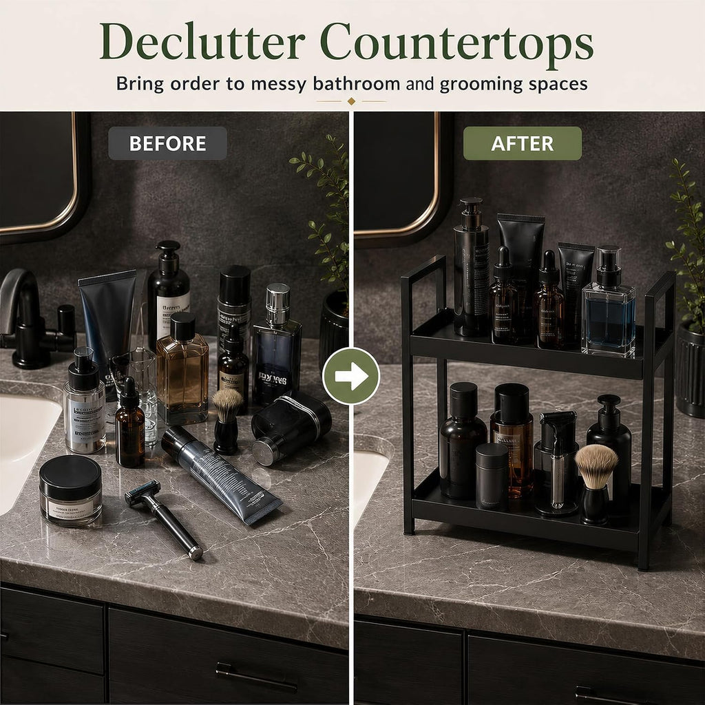 2 Tier Mens Bathroom Counter Shelf Organizer for Skincare Makeup