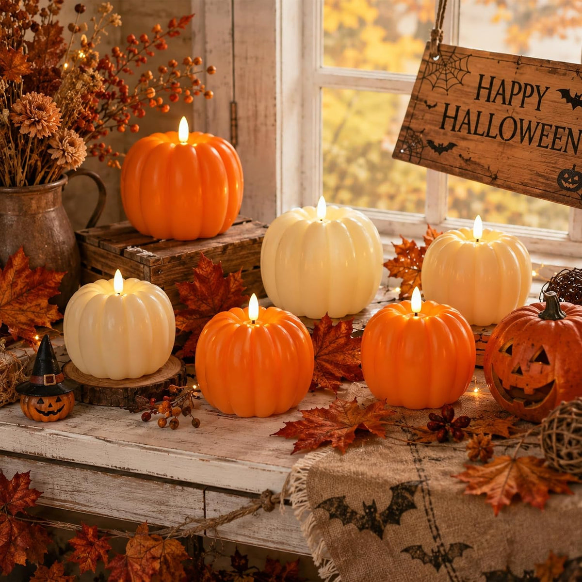 Fall Decor Pumpkin Flameless Candles with Remote LED Candles Ivory Set of 2