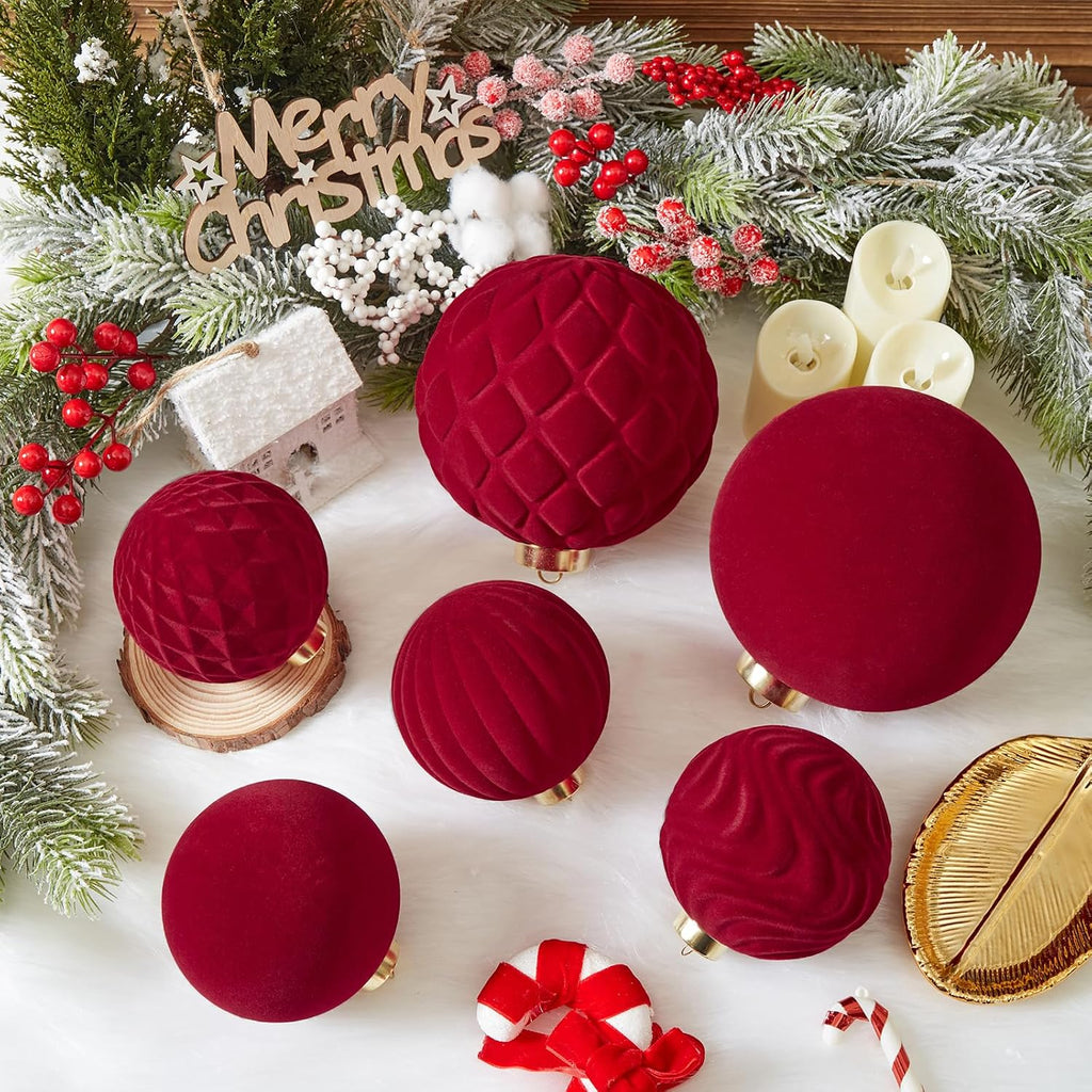 Large Velvet Christmas Ball Ornaments - 6 Inch Flocked Christmas Balls Shatterproof Decorative Hanging Ornaments Set for Xmas Tree Holiday Wedding Party Decor (Burgundy, 2pcs)