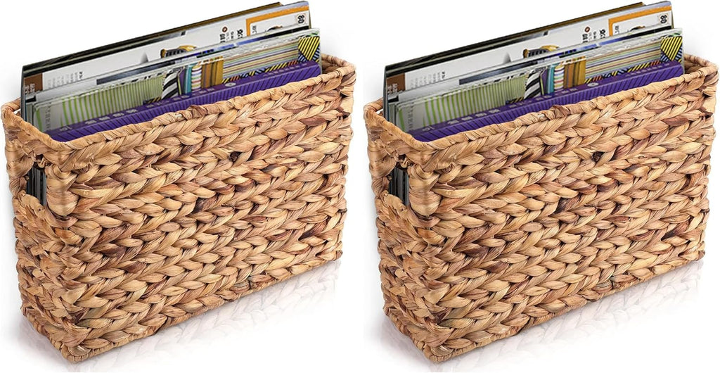Yesland Hand-Woven Narrow Water Hyacinth Holder Wicker Basket, 15.5 x 5.5 x 9.75 Inch Decorative Magazine Storage Basket Bin for Home, Office, Desk (Pack of 2)
