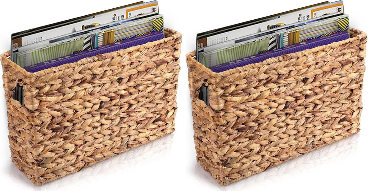 Yesland Hand-Woven Narrow Water Hyacinth Holder Wicker Basket, 15.5 x 5.5 x 9.75 Inch Decorative Magazine Storage Basket Bin for Home, Office, Desk (Pack of 2)