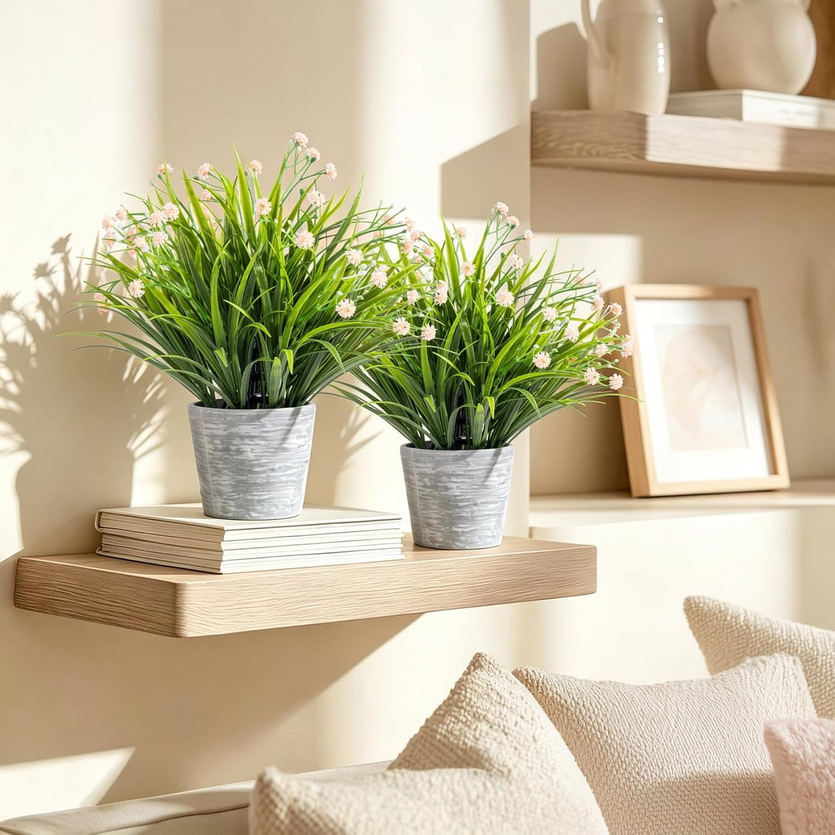 2 Pack Small Fake Plants, Mini Artificial Faux Potted Plants with Flowers