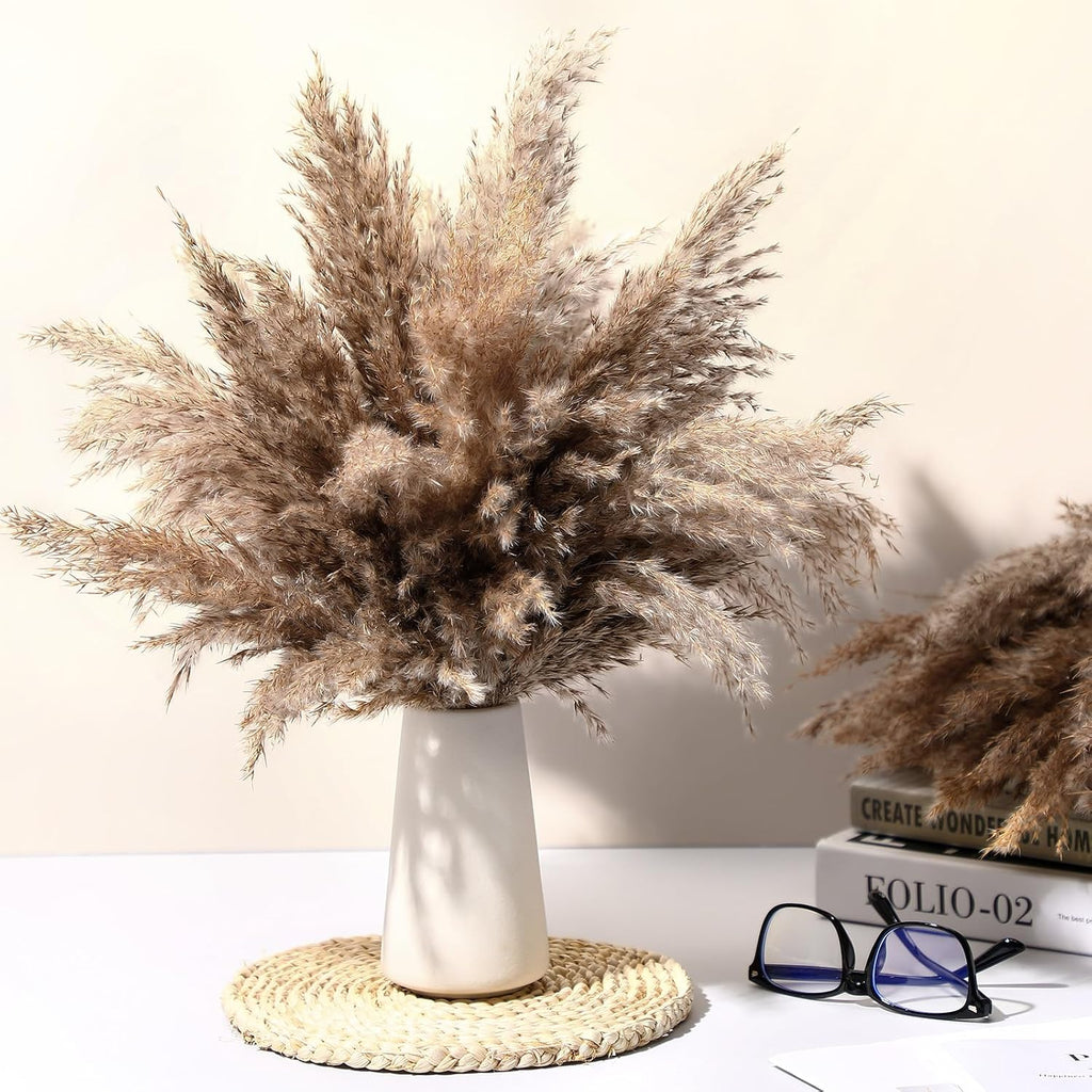 Janinka 150 Pcs Dried Fluffy Pampas Grass Bulk 17 Inch, Boho Decor, Brown