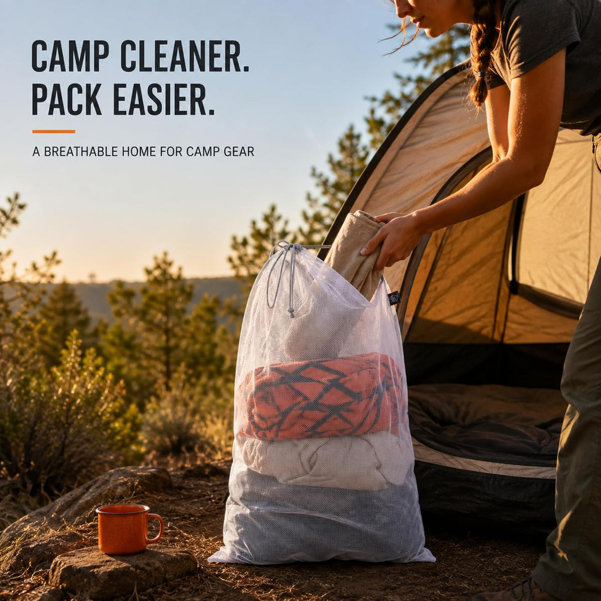 Large Mesh Laundry Bag for Travel, Drawstring Bag for Camp, White, 24x36"