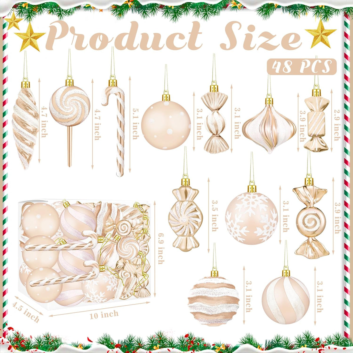48Pcs Christmas Ornament Candy Lollipop Set Hanging Plastic, Champagne Gold