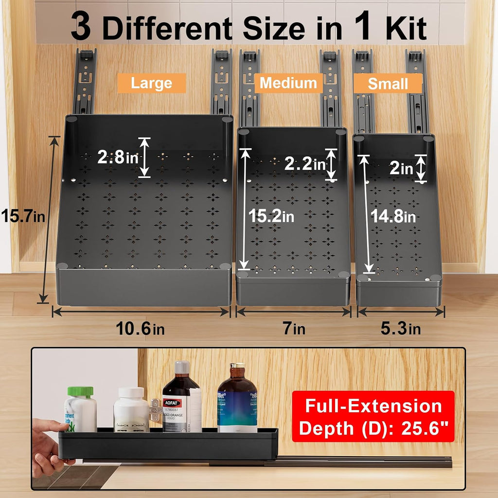 Delamu 3 Pack Pull Out Cabinet Organizer, 15.7" Deep Pull Out Drawers for Cabinets, Slide Out Drawers for Kitchen Cabinets, Bathroom Cabinet Organizer, Pantry (Black)