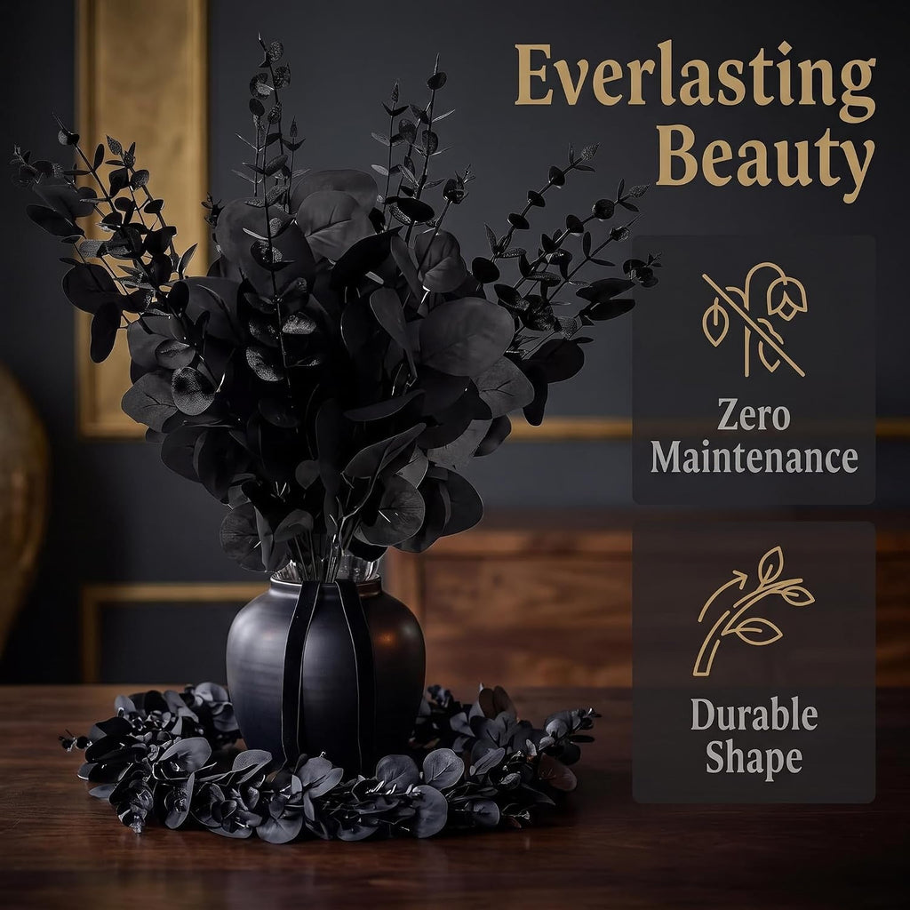 120 Pcs Black Artificial Eucalyptus Stems, 3 Styles Matte Pure Faux Eucalyptus Leaves Branches for Gothic Party Halloween Dark Wedding Industrial Home Decoration