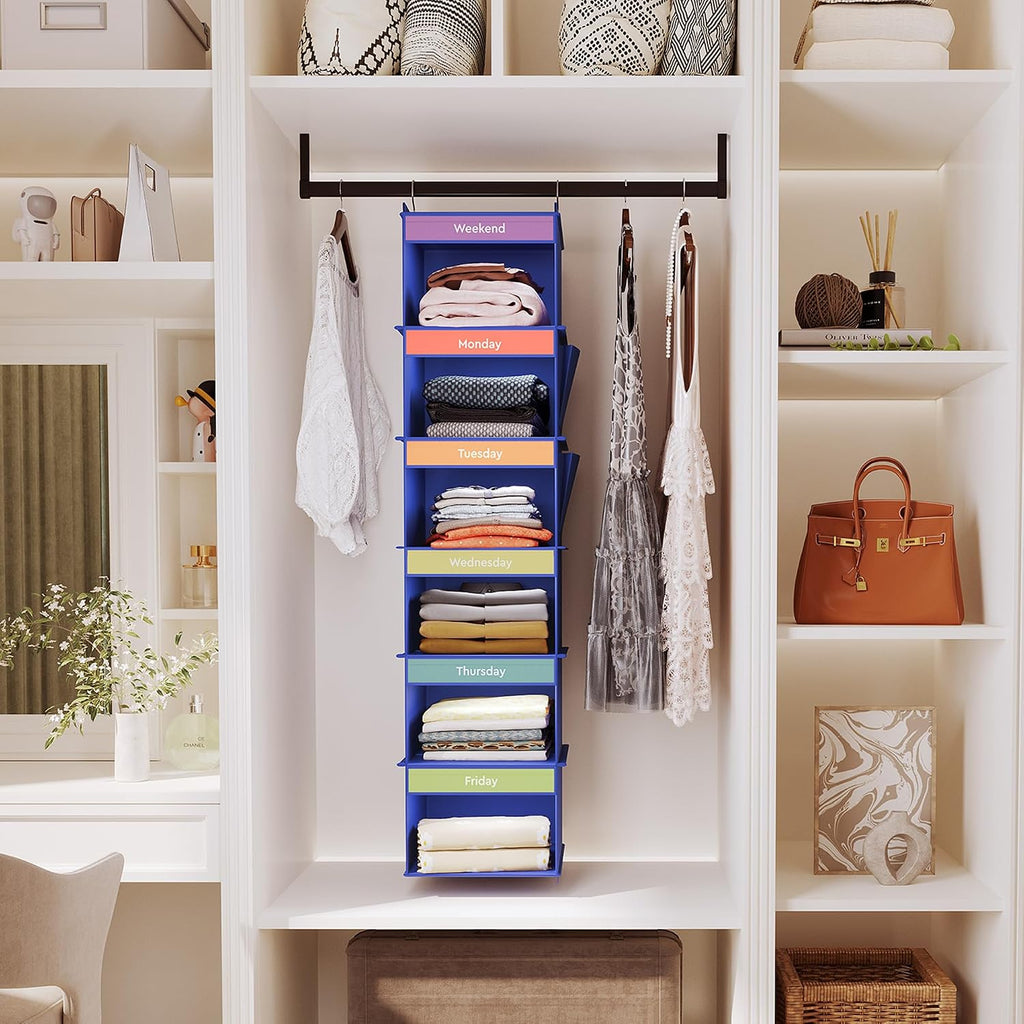 YOUDENOVA Weekly Clothes Organizer for Kids, Hanging Closet Organizer, Blue