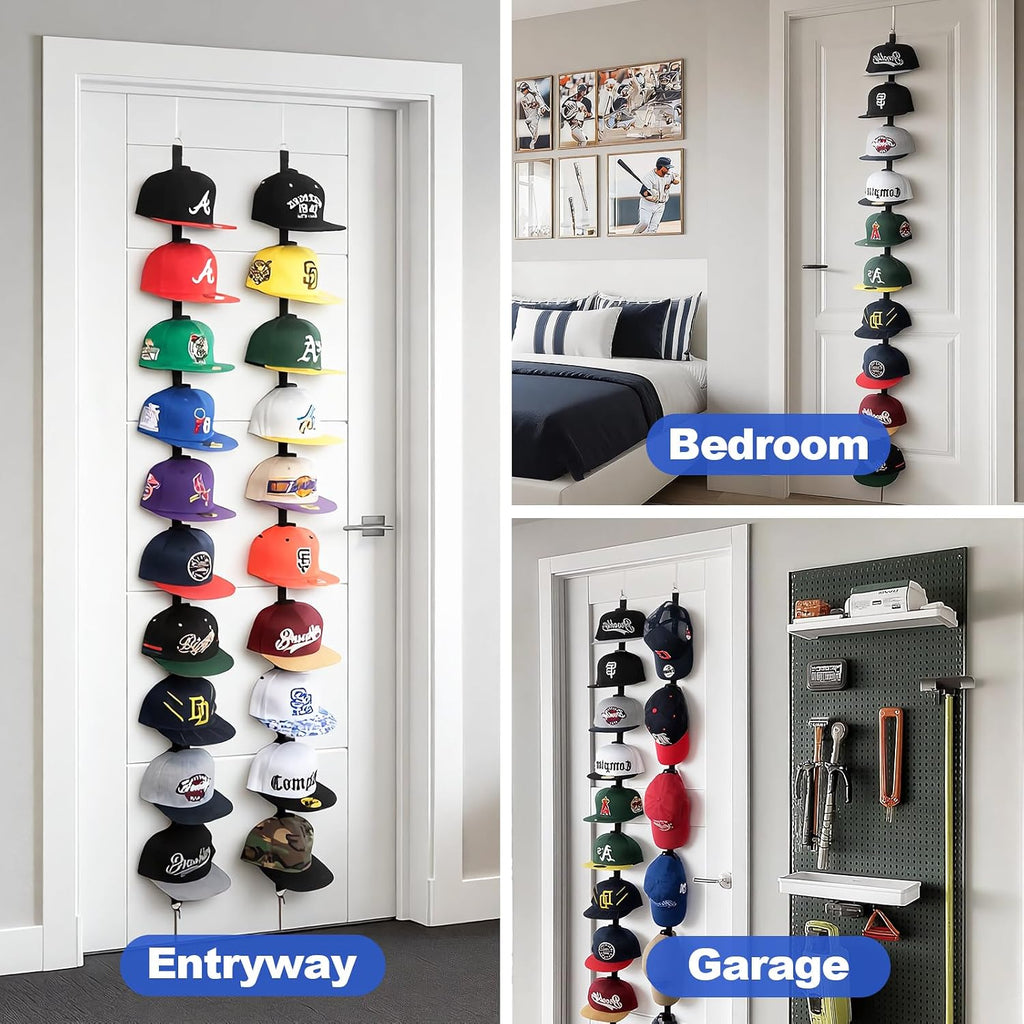 Over-the-Door Hat Organizer for Baseball Caps, Button & Strap 2-Way Hanging