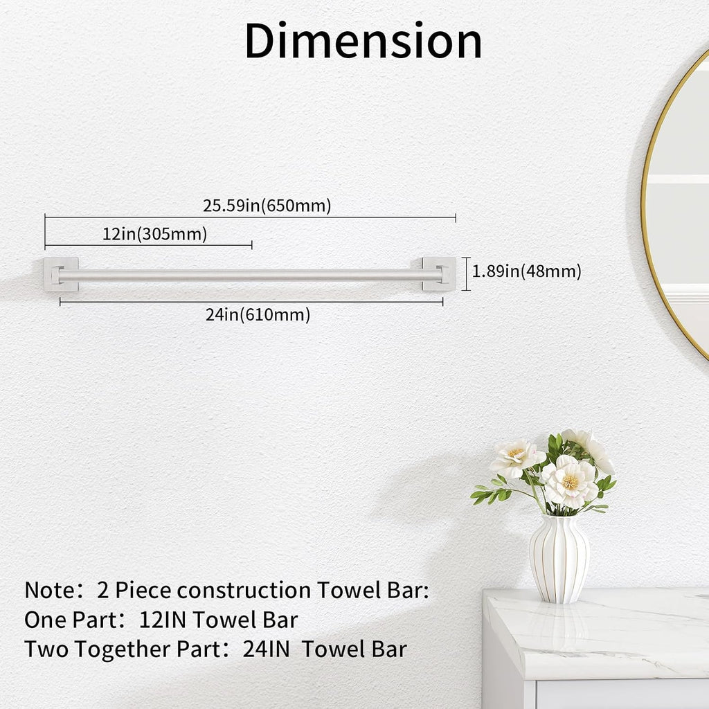 MKO Towel Bar for Bathroom, 24" Wall Mounted Towel Rack, Brushed Nickel