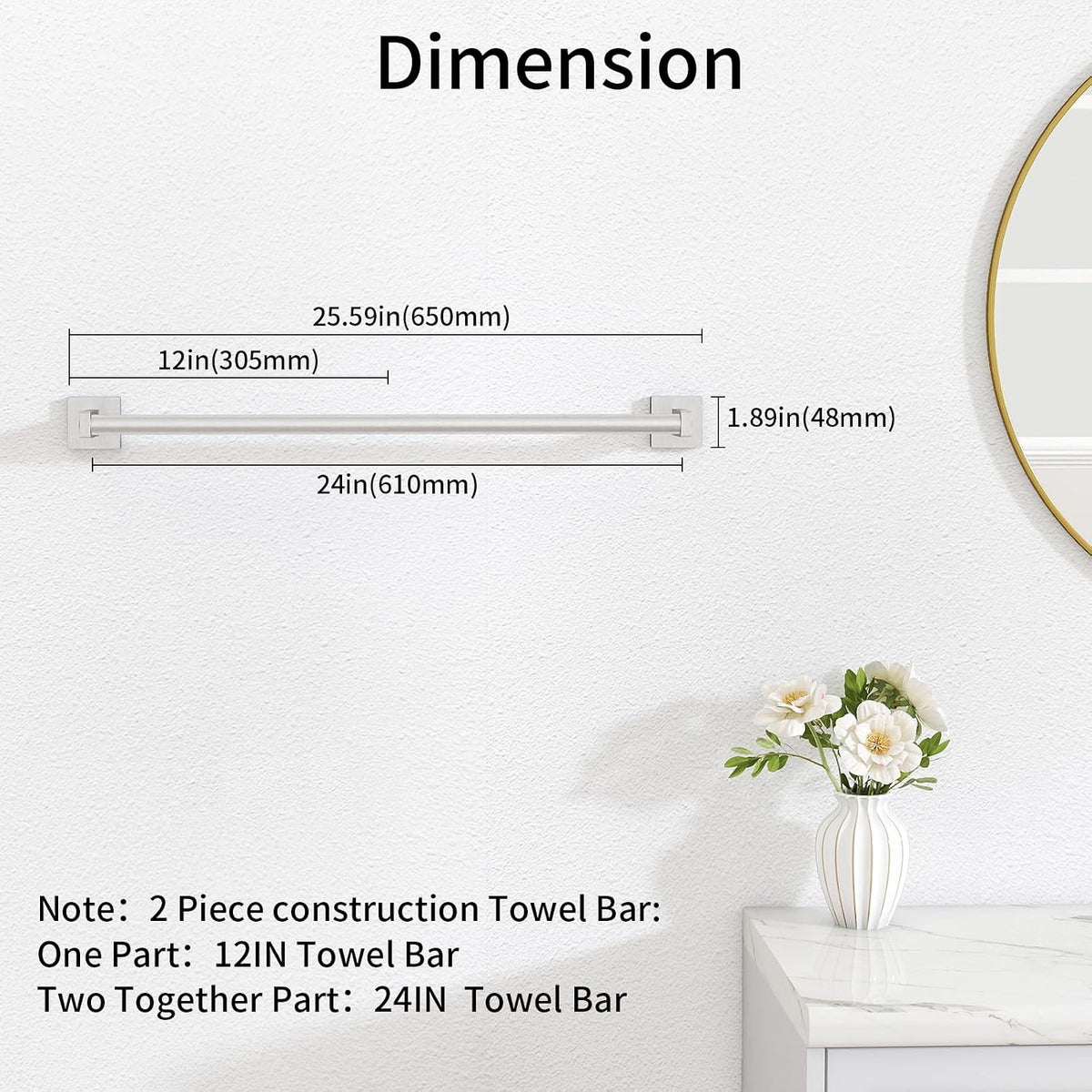 MKO Towel Bar for Bathroom, 24" Wall Mounted Towel Rack, Brushed Nickel