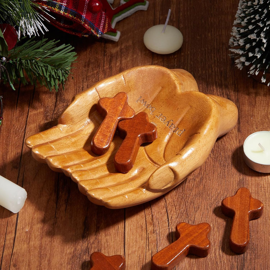 LemonRoad 36 Pcs Prayer Bowl Set Christian Gifts Wooden Prayer Bowl with 5 Wood Hand Held Crosses 30 Printed Cards Religious Gift for Mom Dad Birthday Retirement Home Table Decor(Hands Shaped)
