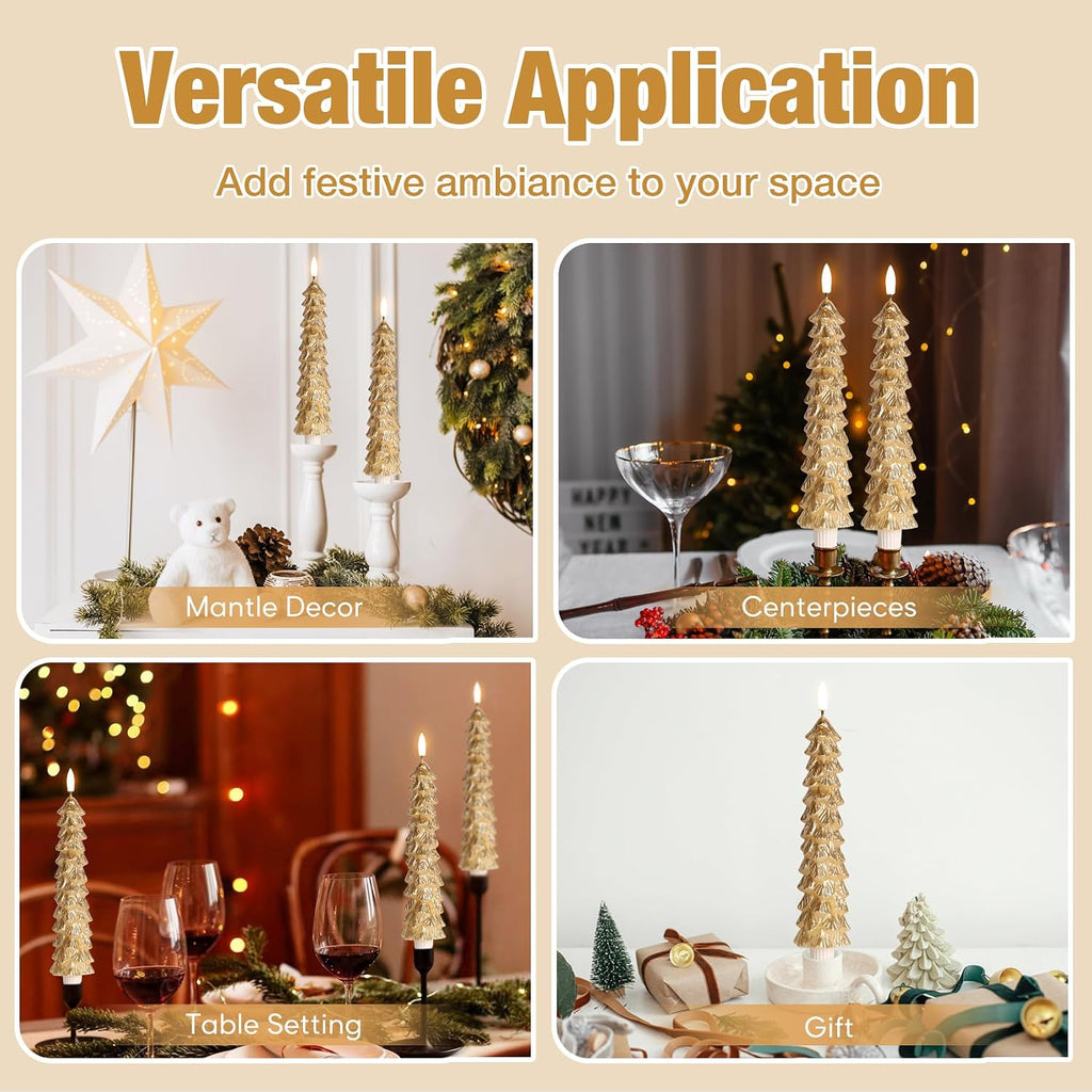 Eywamage Gold Christmas Tree Flameless Taper Candles with Remote Set of 2