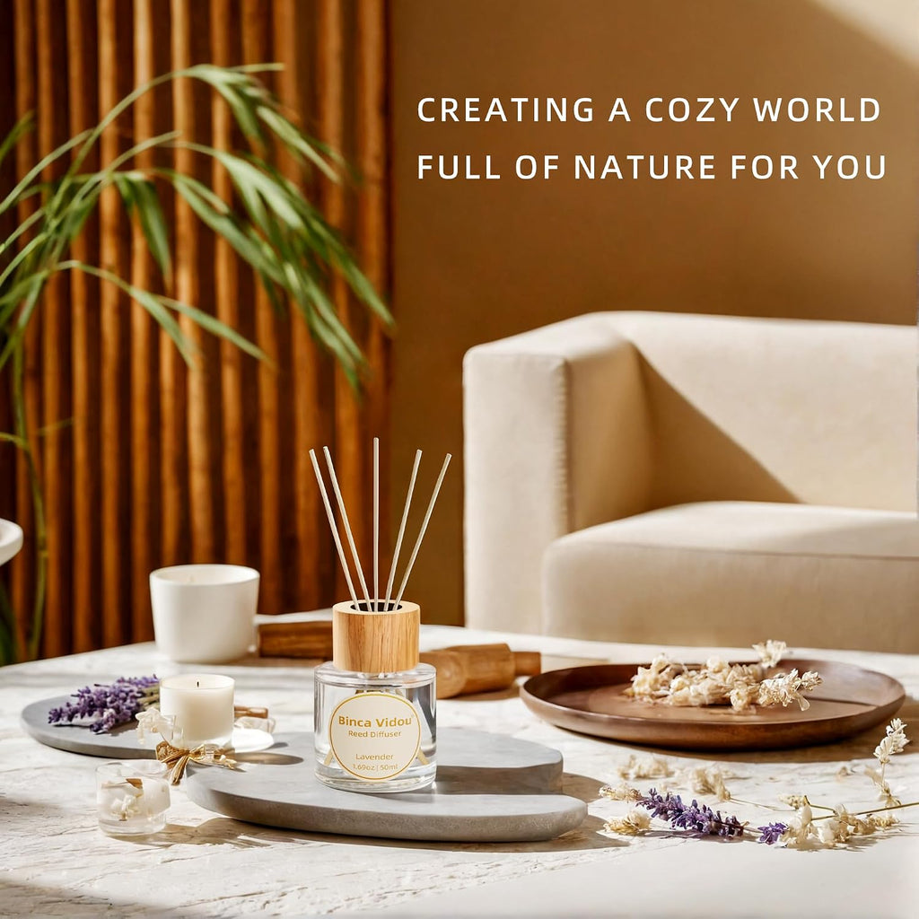 Reed Diffuser Set, Binca Vidou Lavender Orange & Lemon Natural Scent Oil Diffusers with Sticks for Home Office Bathroom Aromatherapy Decor 1.69oz x 2